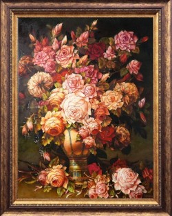 Roses Roses oil painting on canvas by Gurenkov, showcasing an opulent arrangement of soft pink and peach roses in an elegant vase, evoking timeless beauty and sophistication.